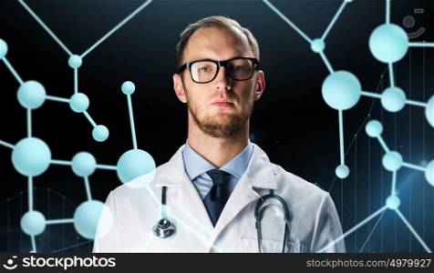 science, technology, people and medicine concept - close up of male doctor in white coat with stethoscope and virtual molecules. close up of doctor in white coat with stethoscope
