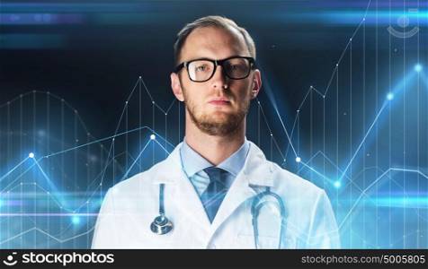 science, technology, people and medicine concept - close up of male doctor in white coat with stethoscope and virtual charts. close up of doctor in white coat with stethoscope