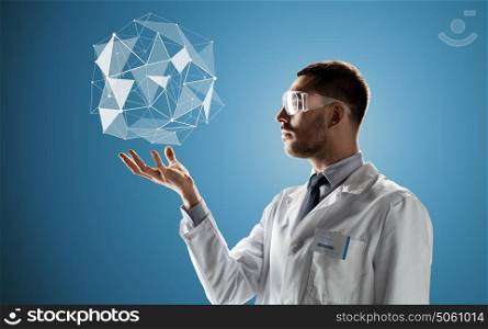 science, technology, virtual reality and people concept - male scientist in white coat and safety glasses with low poly shape projection over blue background