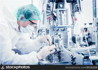 Science worker engineer service fix repair advance machine in medical equipment hygine factory.