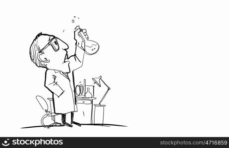 Scienist at work. Drawing cartoon of scientist working with tubes in lab