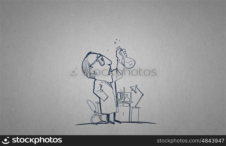 Scienist at work. Drawing cartoon of scientist working with tubes in lab