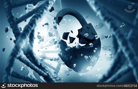 Scientific DNA research. Biochemistry concept with DNA molecule and broken lock