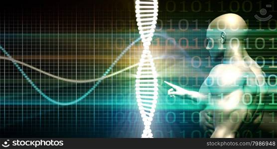 Scientist Analysing DNA Helix Strand in 3D as Art. Digital Binary Code