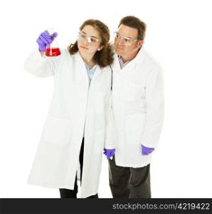 Scientist and college student analyze a sample. Isolated on white.