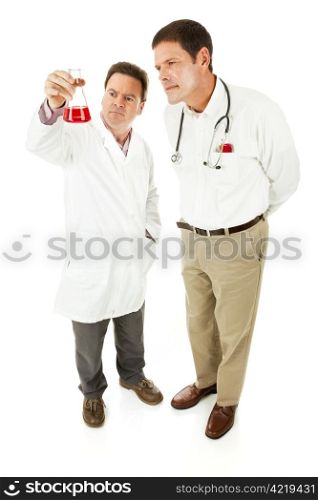 Scientist and doctor going over laboratory test results together. Full body isolated.