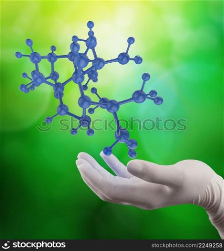 scientist doctor hand holds virtual molecular structure in the lab