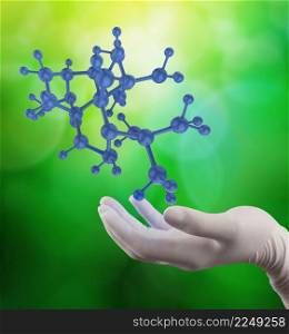 scientist doctor hand holds virtual molecular structure in the lab