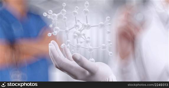 scientist doctor hand holds virtual molecular structure in the lab as concept