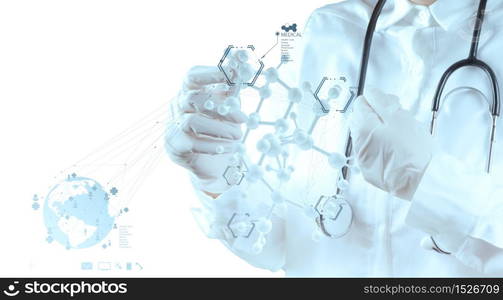 scientist doctor hand touch virtual molecular structure in the lab as medical concept