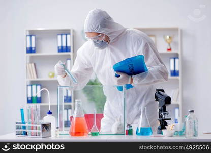 Scientist doing animal experiment in lab with rabbit