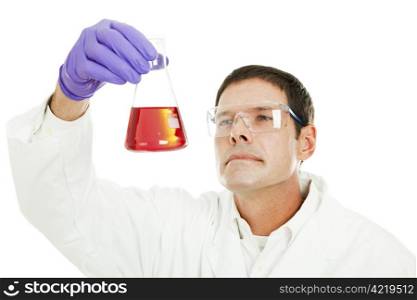 Scientist examining the clarity of a liquid compound in a flask. Isolated on white.