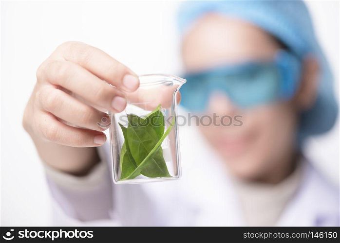 Scientist hand holding green leaf in glass cuvette on laboratory. biotechnology concept.