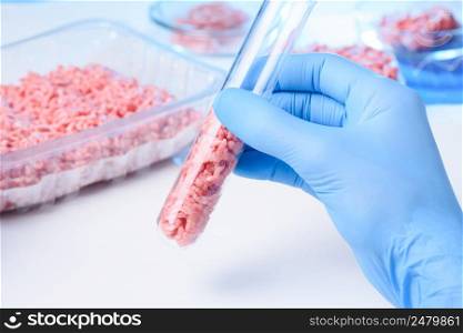 Scientist hold meat sample in lab test tube