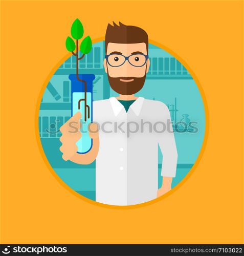 Scientist holding test tube with young plant. Scientist analyzing plant in test tube. Scientist holding test tube with sprout. Vector flat design illustration in the circle isolated on background.. Scientist with test tube.