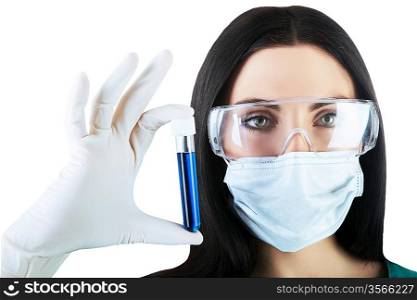 scientist holding tube with blue liquid on white background