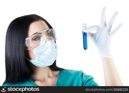 scientist holding tube with vaccine on white background