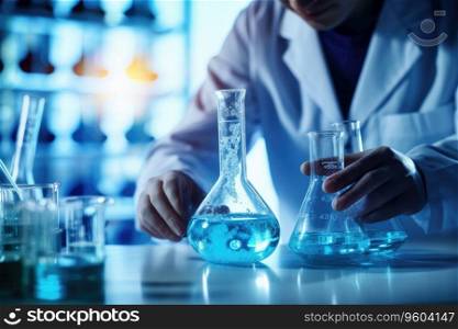 Scientist in laboratory analyzing substance in beaker, conducting medical research for pharmaceutical discovery. Scientist in laboratory analyzing blue substance in beaker, conducting medical research for pharmaceutical discovery