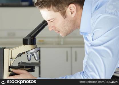 Scientist Looking Through Microscope In Laboratory