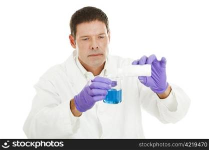 Scientist mixes a powdered compound into a liquid chemical. Isolated on white.