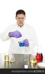 Scientist mixing a compound in his laboratory. Isolated on white.