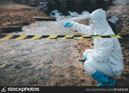 Scientist or Biologist in a protective suit and protect mask collects s&le of waste water from industrial for analyze, problem environment, Ecologist s&ling water from the river with test tube