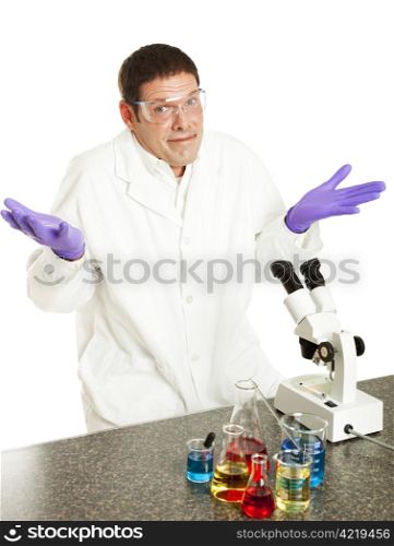 Scientist shrugging because he can&rsquo;t solve the problem. Isolated on white.
