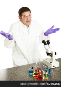 Scientist shrugging because he can&rsquo;t solve the problem. Isolated on white.