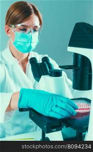 Scientist working in a laboratory, placing 96-Well Microplate on the stage