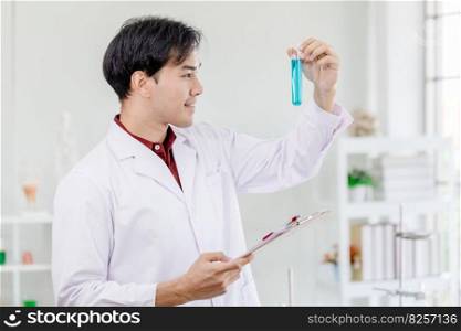 Scientists happy smile for successful discover  chemical formula develop to new drug in medical laboratory concept.