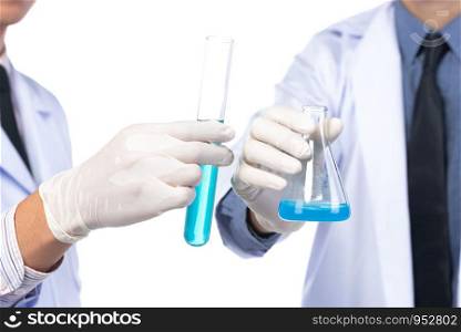 Scientists with test tube liquid chemicals, isolated on white