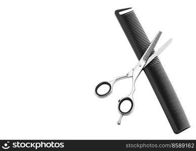 Scissors and hairbrush isolated on white
