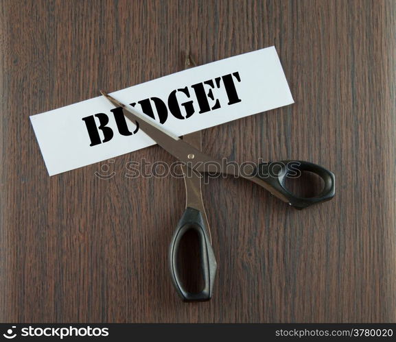 "Scissors cutting the word "Budget" written on a paper strip, over wooden background"