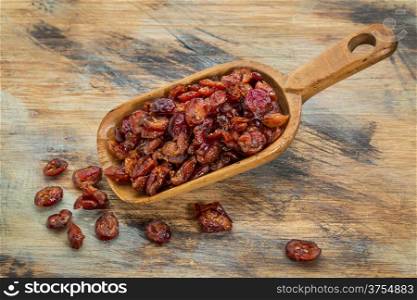 scoop of dried cranberries on a grunge painted wood background