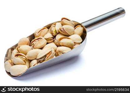 Scoop of Roasted organic pistachios nuts isolated on white background. Clipping path. Scoop of Roasted pistachios nuts isolated on white background. Clipping path