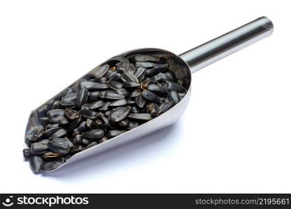 Scoop of sunflower seeds isolated on a white background. Clipping path. Scoop of sunflower seeds isolated on a white. Clipping path