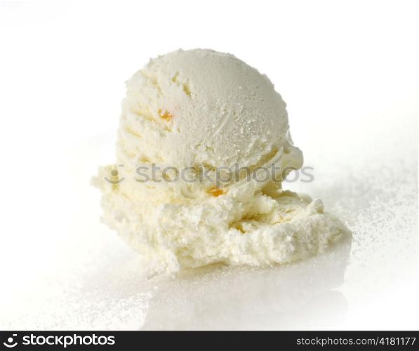 scoop of vanilla ice cream with peaches