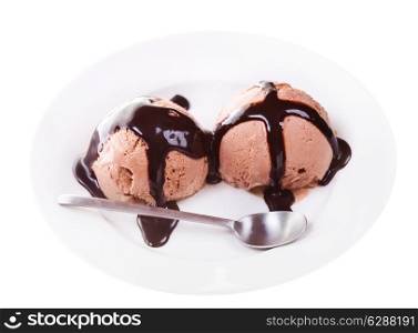 scoops of chocolate ice cream in a plate isolated on white background