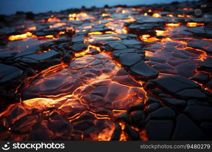 Scorched rock floor with molten rocks and lava cracks. Generative AI