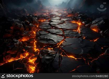 Scorched rock floor with molten rocks and lava cracks. Generative AI