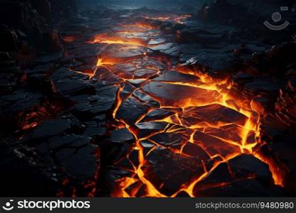 Scorched rock floor with molten rocks and lava cracks. Generative AI