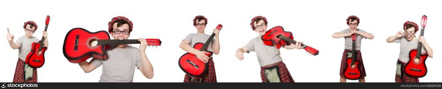 Scotsman playing guitar isolated on white