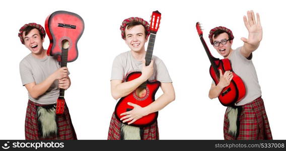 Scotsman playing guitar isolated on white