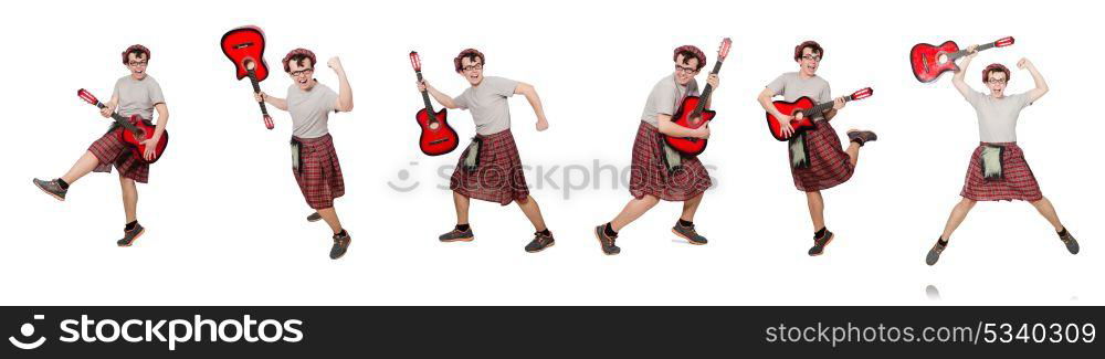 Scotsman playing guitar isolated on white