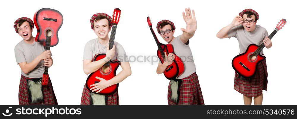 Scotsman playing guitar isolated on white