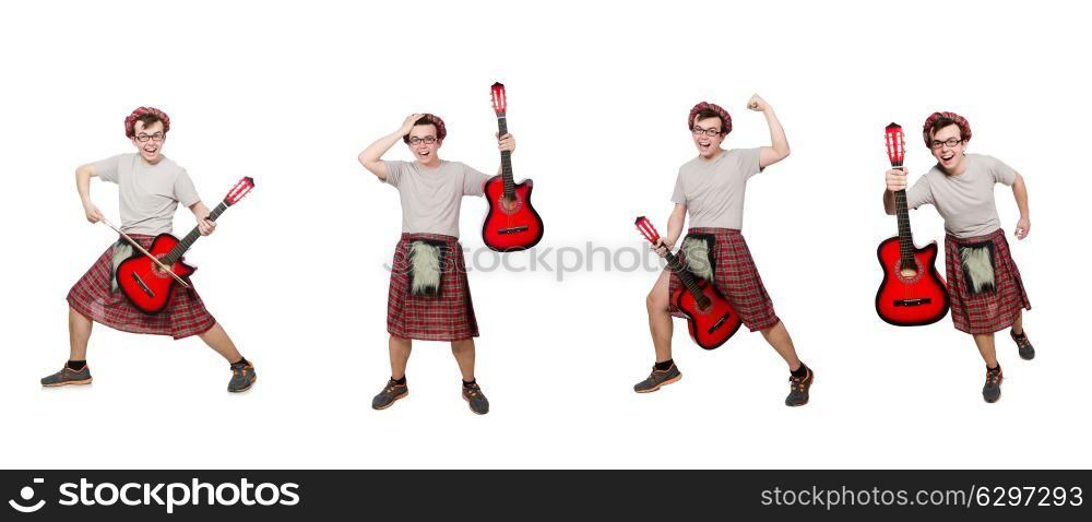Scotsman playing guitar isolated on white