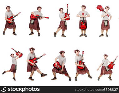 Scotsman playing guitar isolated on white