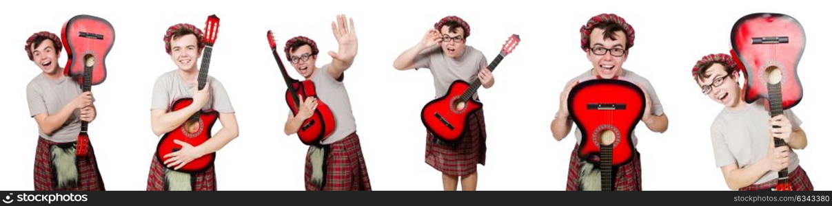 Scotsman playing guitar isolated on white