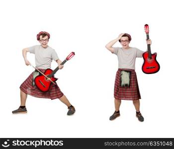 Scotsman playing guitar isolated on white