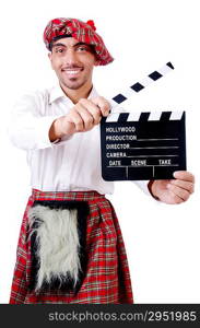 Scotsman with movie board on white